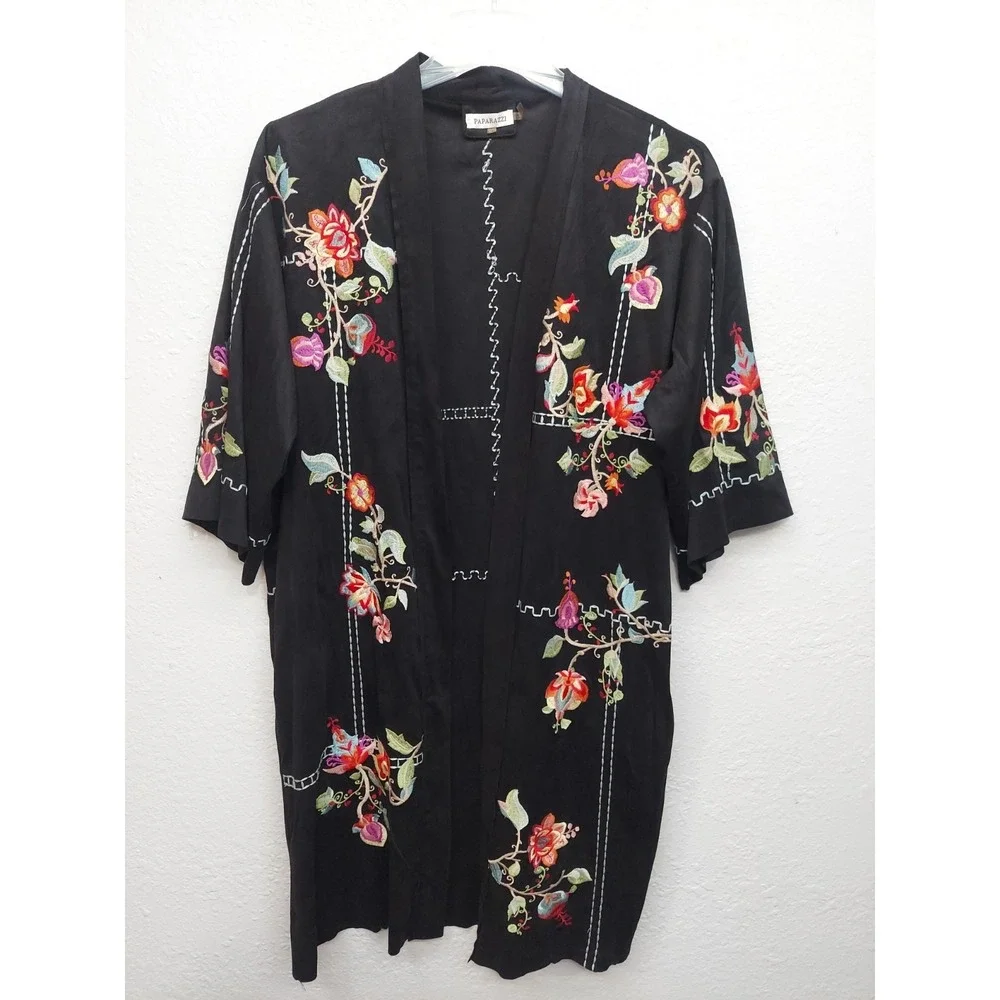Paparazzi BIZ Kimono Duster‎ Maxi L/XL Black Pink Floral Embroidered Boho Vtg